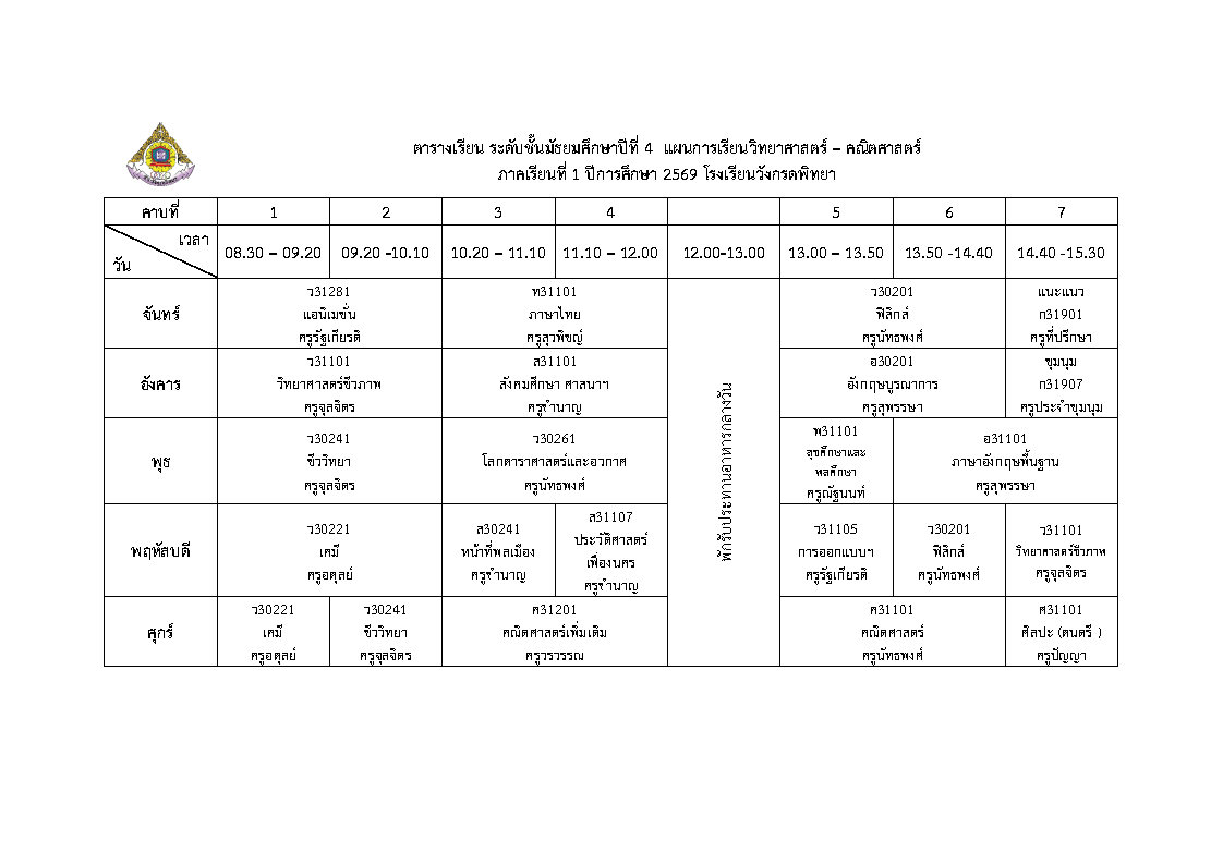 ตารางเรียน ม.4 สายวิทย์คณิต