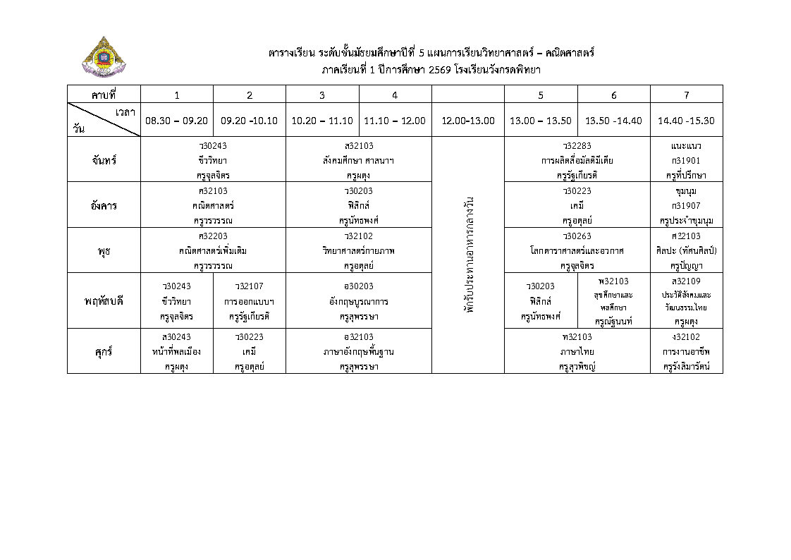 ตารางเรียน ม.5 สายวิทย์คณิต